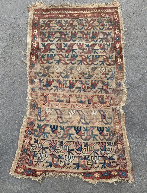 Smashed but cool old school nwp rug. Has a bakshaesh feel but maybe just a weird village rug from north west Persia. Priced according to its condition.      