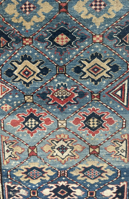 Fine antique snow flake design Kuba rug. Charming sky blue field design. Dated 128(0) putting it in the 1860’s.
Email enquiries to owenrugs@gmail.com           