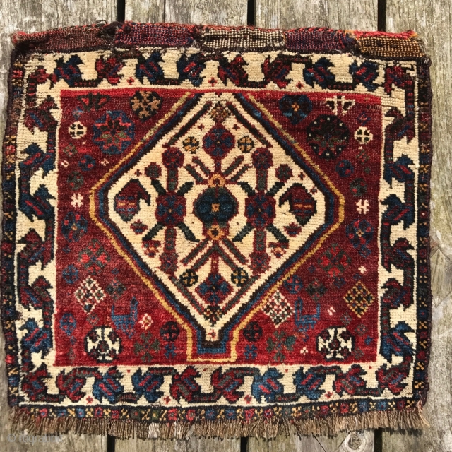 Fine antique Khamseh bagface. 19th century. 42 x 46cm. Soft wool and rich colours.                   