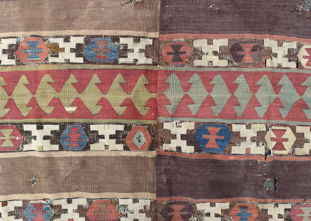Antique Anatolian kilim fragment. Possible Capadocia area. Circa 1800. In need of cleaning and conservation. Email enquiries to owenrugs@gmail.com              