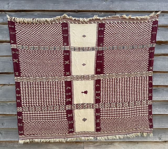 Antique Berber ceremonial cover. Circa 1900. Algeria. Kabylie area. Wool tapestry weave. Good condition. Email enquiries- owenrugs@gmail.com                