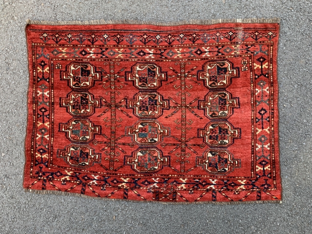 Good 12 Gul ersari chuval. Lovely madder red ground colour. Good pile with a faded old repair and a small patch in the elim.         