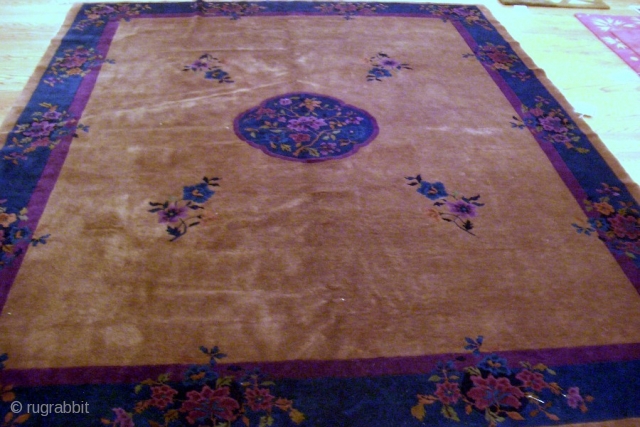 Chinese Nichols Rug, spectacular colors, chocolatey brown field, blue and magenta accents - very good condition with one low spot near medallion.  Size 8 x 9.7      
