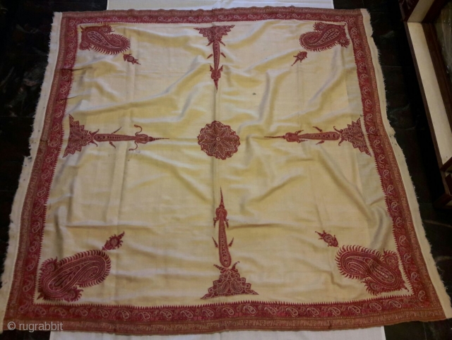 Square old antique 19th century very fine hand work Kashmiri rumal on pashmina material very fine quality in good condition and its size is 56 x 56 inches     