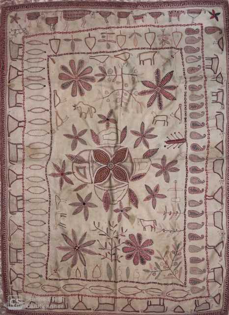 Vintage Kantha quilt from Murshidabad district of West Bengal  India 1900C. It is huge in size with mango design fish design and there is an individual human portrait in the borders  ...