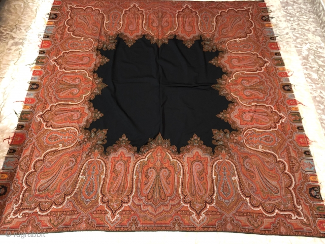 Vintage French square paisley shawl with fine work used as table cover or a paino cover .the size of the square cover is 198 x 198 cms.      