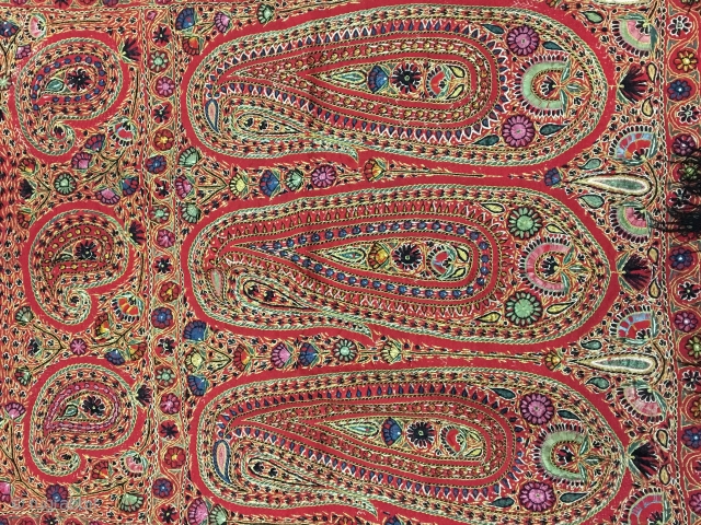 Pashmina with silk hand embroidered men's mufler  from Kashmir India 1900 .c the mufler is in great condition the size of mufler is 250 cm X 50 cm.    