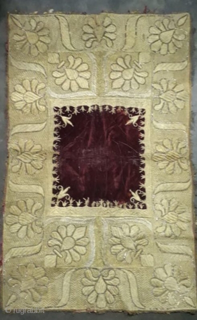 Zardozi kalabattu embroidery work velvet(real Zari) small carpet used in the royal nawabs families of Bhopal city of Madhya Pradesh India C.1900 .the size of this carpet is 1.7 feet X 2.8  ...