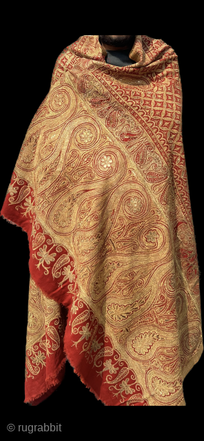 Vintage fine quality zardozi jamavar on pashmina ground finely embroidered with gold treads for the royal families of central India 19 C. With a very fine combination of red with gold .  ...