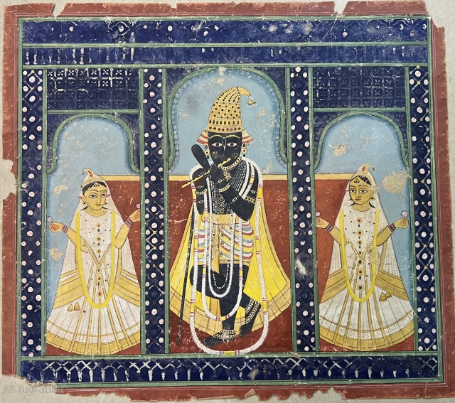 Vintage fine quality miniature painting of lord Shrinath ji on gouache of paper  from karoli school Udaipur Rajasthan india  Circa 1900 painted with stone colours the size of the painting  ...