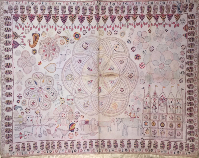 Vintage  temple Kantha(quilt) from Ramnagar village of Murshidabad district of West Bengal India C.1900 reversible hand embroidered with very fine motifs and beautiful border of ambi (mango design)the quilt is in  ...