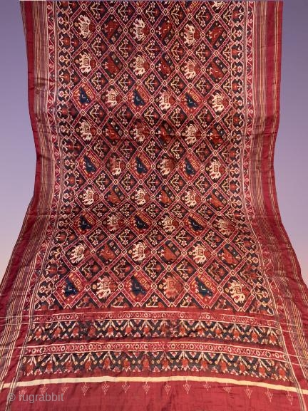 Nari Kunj double ikat Patola silk Saree,  Probably Patan Gujarat 1800-1850 Circa. India.This Patola is the  rarest designs known as Nari Kunj Patola. This Patola is showing the Popat Kunjar  ...