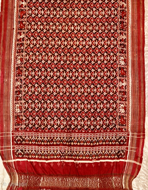 Patola Gaji Silk Double Ikat From Patan Gujarat India 1900 C.This Patola Uses one of the most Rarely found designs called pan bhat which is originally the pipal leaf and has borders  ...