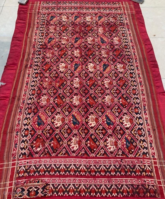 Nari Kunj double ikat Patola silk Dupatta, Probably Patan Gujarat 1800-1850 Circa. India.This Patola is the rarest designs known as Nari Kunj Patola. This Patola is showing the Popat Kunjar Bhat, Hathi  ...