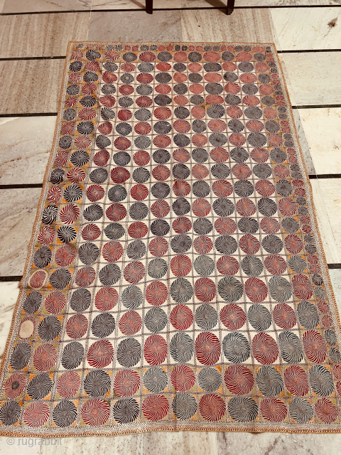 A very fine quality hand embroidered geometric motifs design kantha from West Bengal India 1925 C.fine quilted with cotton the size of the kantha is 203 cms x 128 cms.   