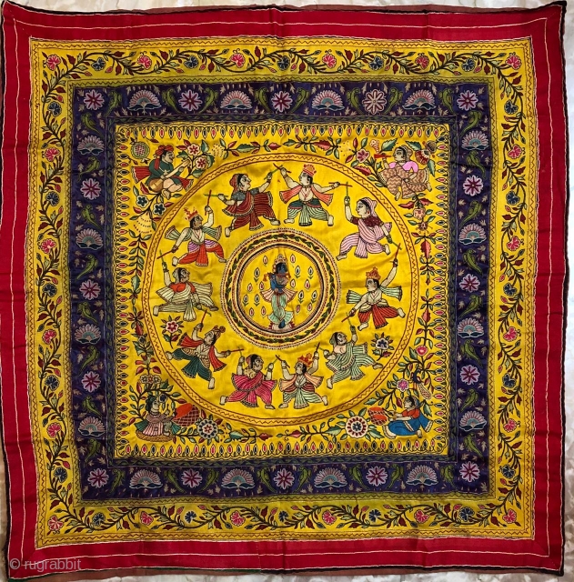 Mochi Bharath  embroidery (Cobblers stich)Pichwai depicting Krishnaraas mandala subject from Gujarat India mid 20th century Done on gaji silk base cloth with silk tread used in embroidery  the size of  ...