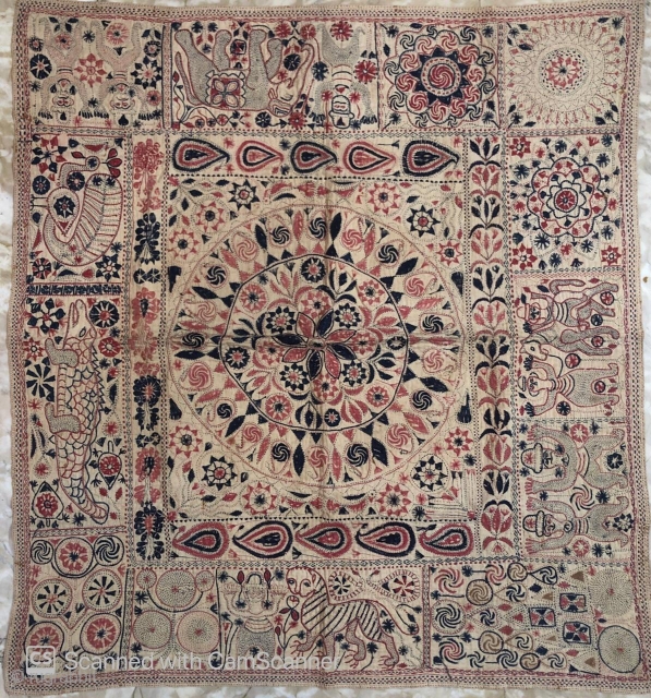 Exceptional vintage  Kantha from Rajshahi district of  West Bengal 1900 c. The kantha has very beautiful figurative work of human and as well as animals the size of the Kantha  ...