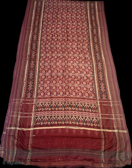 An Rare Theen phool bhat Patola Sari, Double Ikat silk from Patan Gujarat 1850 - 1875 c .This Patola known as Theen phool bhat three flowers design.This Patola has one of the  ...