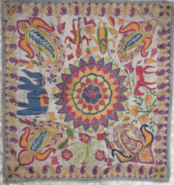 Excellent vintage Kantha from Murshidabad district of West Bengal India with high quality figured work of animals flowers and humans and mango design on the corners , the size of the Kantha  ...