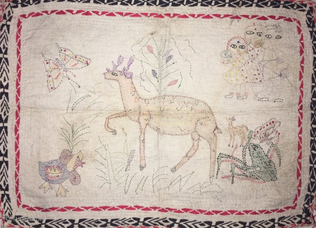 Very fine work vintage small size Kantha from rangpur district of Bangladesh hand embroidered very fine needle work with beautiful subjects of deer with baby ,frog,butterflies,hen and human family in it the  ...