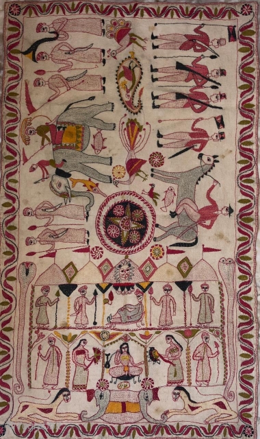 Vinntage Kantha from Murshidabad district of West Bengal India 1900C.depecting the Indian army with elephant and the British army with horse and king and queen in the camp.the size of the Kantha  ...