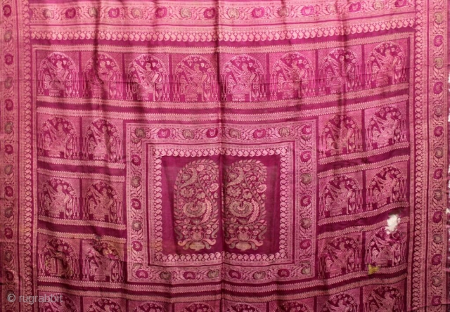 Fine quality baluchuri sari from West Bengal India 1900C. Lady with tambura in her hand a rare subject on pink color base with 2 mangos design in pallu the sari has 10-14  ...