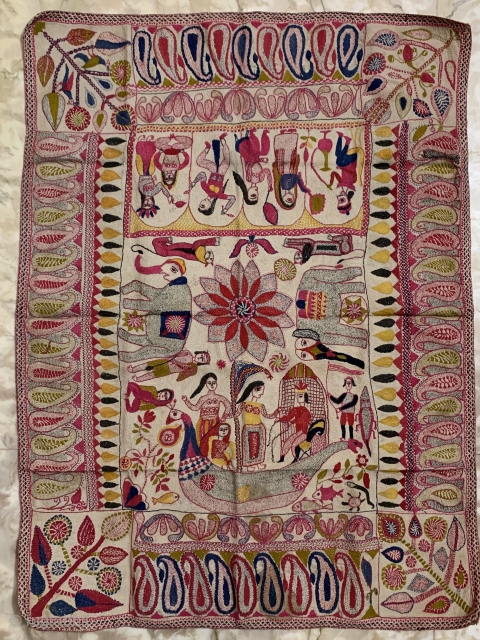 Very fine museum quality Kantha from Murshidabad district of West Bengal India 1900c at it best quality quilting with fine figurative work all over specially the paisley’s around borders the size of  ...