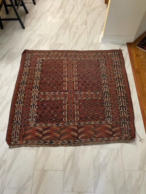 This is an Ensi Turkman with a few different elements making it interesting and different from the standard Ensi. Its size is 4.5x4.10 FT and in overall good condition with all natural  ...