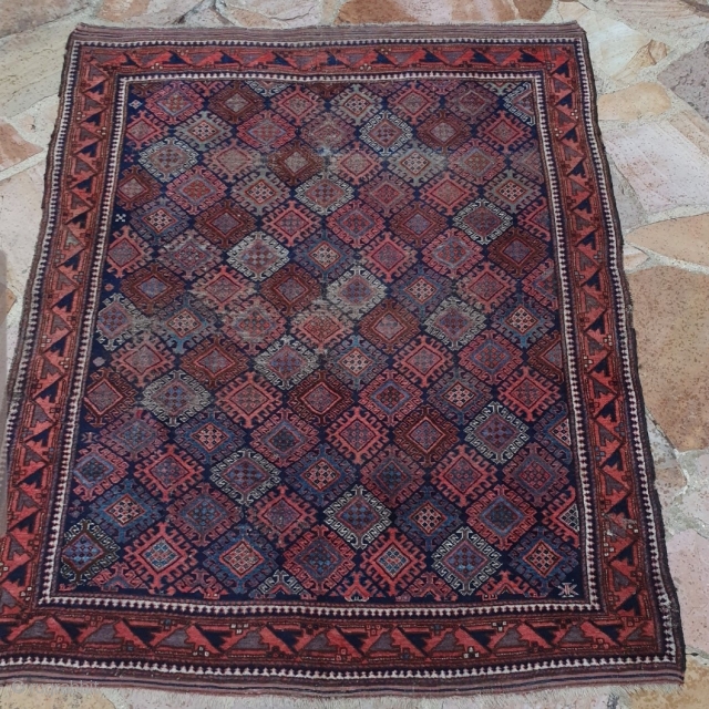  Old well into the 19th century Baluch Timuri with a great main border.

Size is 5 x 5.11 ft not including the kilim finish.         