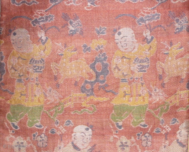 boy, deer and bird. ming era silk brocade fragment . china 17th century. ca  20x 80cm.                