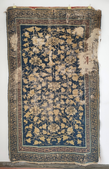 early qing shunzhi-kanxi era ningxia carpet with a design similar to the yamanaka carpet (pic. 2) but even of an.higher esthetic despite the condition... a rarity of early chinese imperial.weaving   