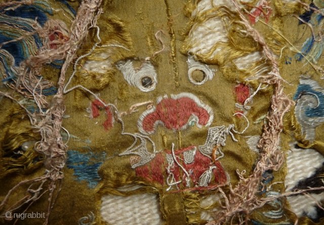 fragment of what should have be one of the most beautiful qing dragon robe; a very rare all embroidered gold yellow ground imperial robe with five claws dragon (see one pic). to  ...