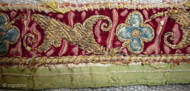 textile border fragment, silk and gold thread embroidery on velvet, france 17th c.                    