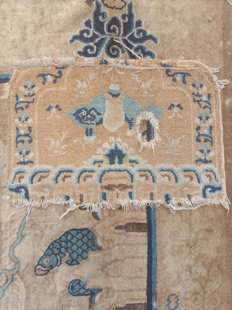 ningxia lama throne back fragment with top wool and colors, elongated fo dog with saddle.on his back... nice early 18century piece for little money         