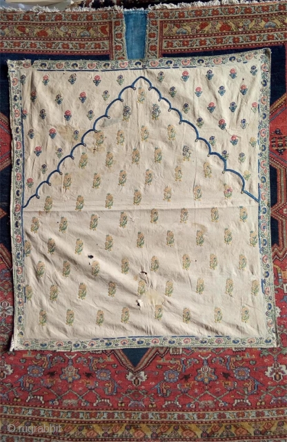 beautiful uncommon  small sized mughal style prayer textile , silk embroidery on cotton. persia , india or central asia? possibly 18th century. approx. 56x 62cm. as shown has stains, holes etc..  ...