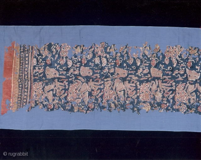 Indian trade textiles 001 - Heirloom textile (Maa'), traded to Sulawesi, 14th century, cotton, block printed & painted mordant, resist- mordant - dyed, very poor condition.
Price on request.     