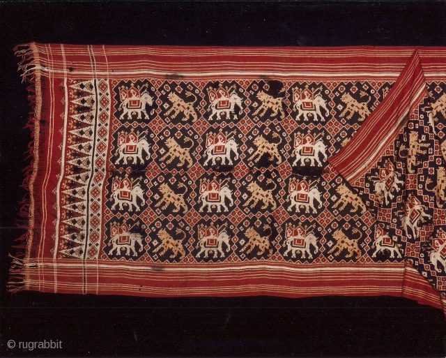 Indian trade textiles 004 – (390cm x 112cm – 153.5 in x 40in), silk patola double ikat, ceremonial cloth and sacred heirloom, elephants & lions, 18th century, various medium and small damages,  ...