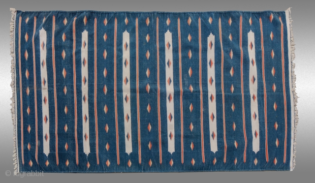 Bikaner Jail Dhurrie
SIZE: 47" x 82"
AGE: 70-80 years old approx.
From: Bikaner, Rajasthan

Indigo Bikaner Jail Dhurrie tightly woven. A beautiful example of the genre with burnt orange and cream highlights.    