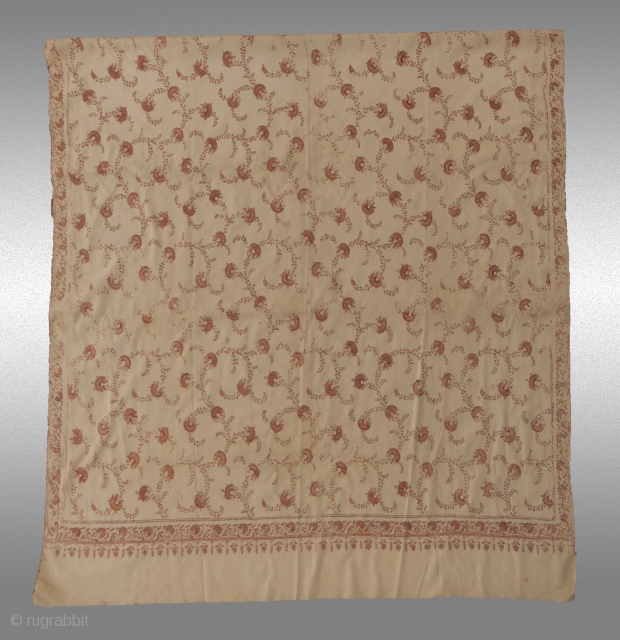 Cream Kashmiri Silk and Wool Shawl
SIZE: 100" x 48"
AGE: 50-60 years old approx.
From: Kashmir
NOTE: Although some of the silk embroidery has rubbed the workmanship on this shawl is a remarkable testament to  ...