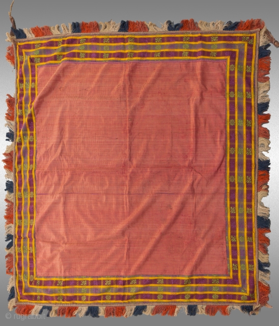 Mashru Chokora
SIZE: 119" x 46"
AGE: 100+ years old approx.
From: Rajasthan

Mashru (silk and cotton lampas weave) square with mashru border and cotton multi-colored tassels (a few are missing) two cloth hooks suggest that  ...