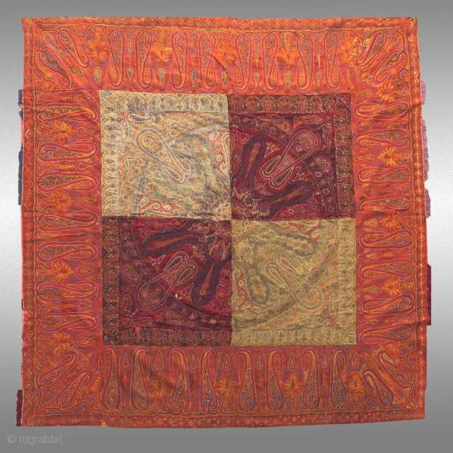 Kashmiri Shawl
SIZE: 75" x 60"
AGE: late 19th century approx.
FROM: Kashmir
NOTE: A primitive Kashmiri shawl, probably made for local use. The ground fabric is a silk/cotton blend (tani). The silk and cotton embroidery  ...