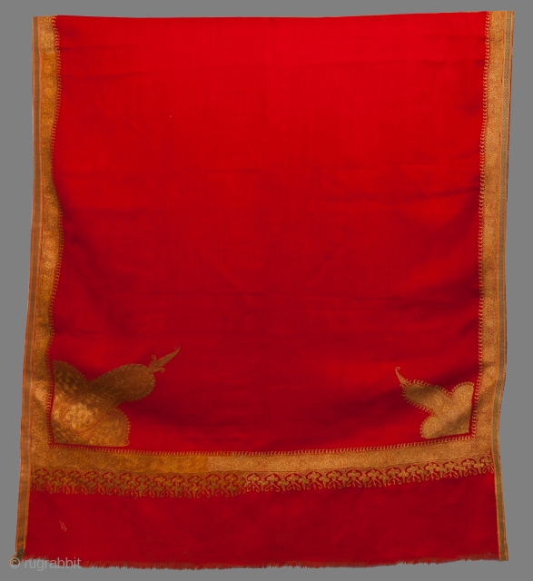 Red Wool Shawl with Gold Tilla Embroidery 
SIZE: 47" x 96"
AGE: 80 years old approx.
FROM: Kashmir
NOTE: This scarlet Kashmiri shawl features for paisleys in each corner – one is 
larger than the  ...