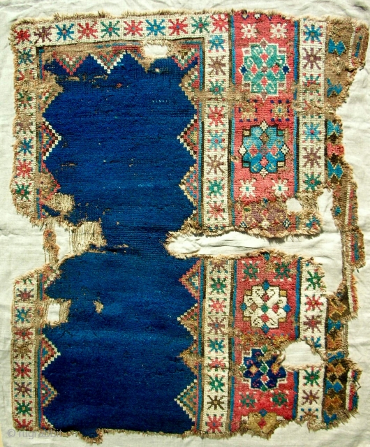 Unique 17th or 18th c. Central Anatolian "proto-talish" rug fragment. Mounted on linen. Mostly full, silky pile. Stunning!               