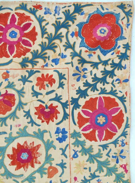 Early to mid 19th c. Uzbek Suzani with wear (detail)                       