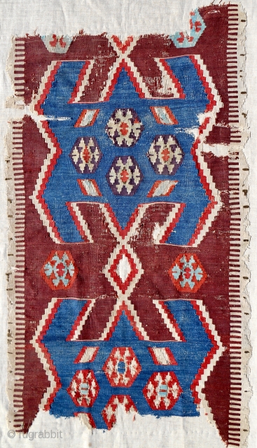 Transcendent 18th c. Anatolian Obruk kilim fragment (26"x 42"). Conserved & mounted on linen.                   