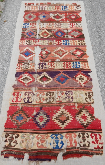 18th c. Konya one piece banded kilim. Conserved and professionally mounted on linen.