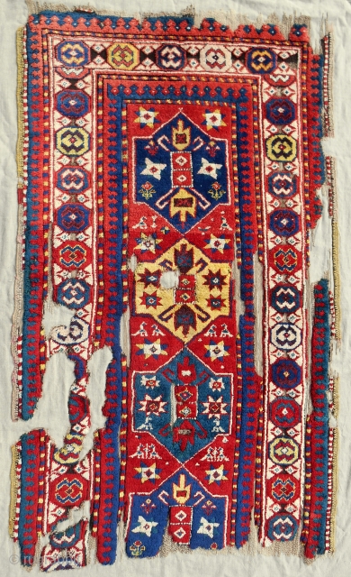 Full pile Caucasian Genje rug fragment. Circa 1870. Mounted professionally on linen. Stunning color!                   