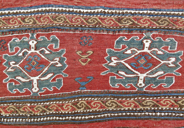 Very fine, bold Sumak bedding bag end panel, Qarabagh area, Central Transcaucasia, circa 1850-70. 22"x22". White is cotton. Only found two others published. John Wertime and Alberto Levi. All original. Email: Patrickpouler@gmail.com. 