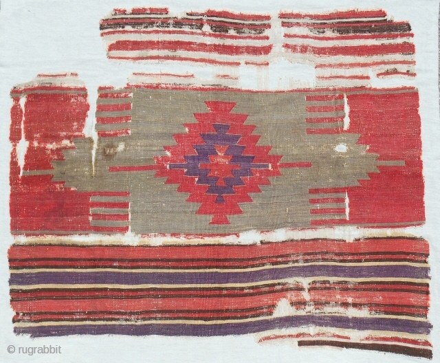 Excellent 18th c. one piece central Anatolian kilim fragment (54" x 46") Full width. Very fine weave. Conserved and mounted on linen.           