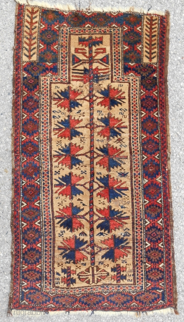 Another camel field “tree of life” Baluch prayer rug with impressive stately drawing and mostly excellent pile. Superb color and wool, of course. Good age- 1880 or so.     